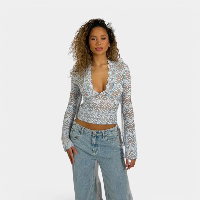 Gleame Top with Long Sleeves - Lace Shirt with Long Sleeves and V-Neck