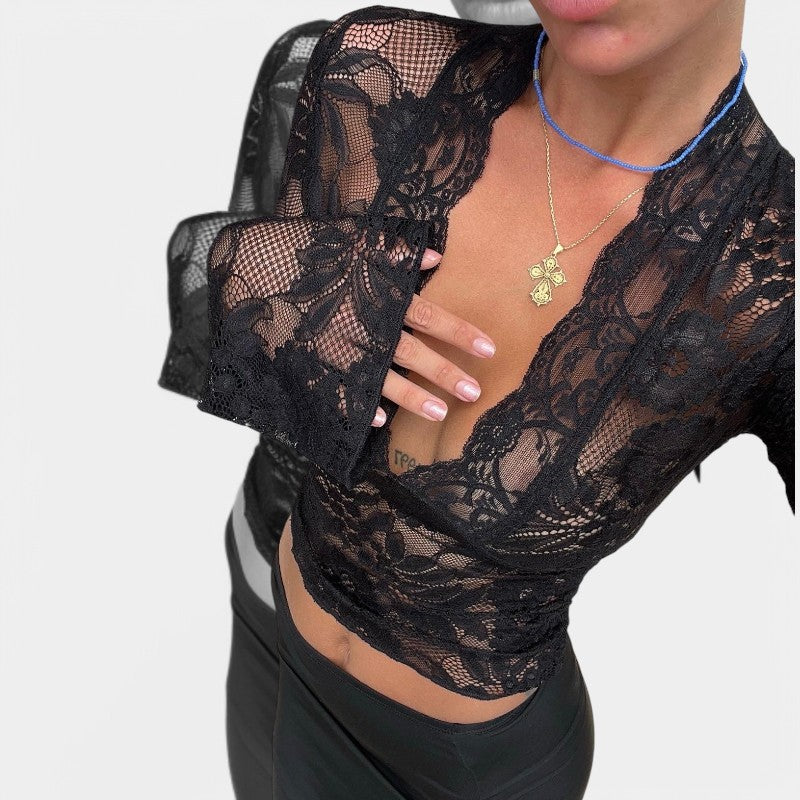 Gleame Top with Long Sleeves - Lace Shirt with Long Sleeves and V-Neck