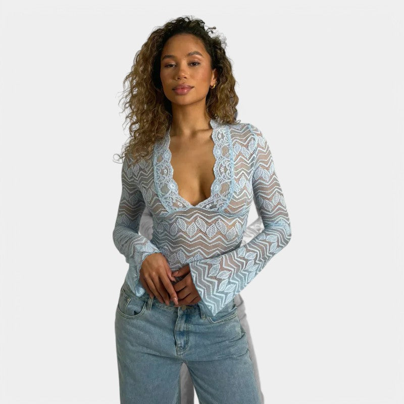 Gleame Top with Long Sleeves - Lace Shirt with Long Sleeves and V-Neck