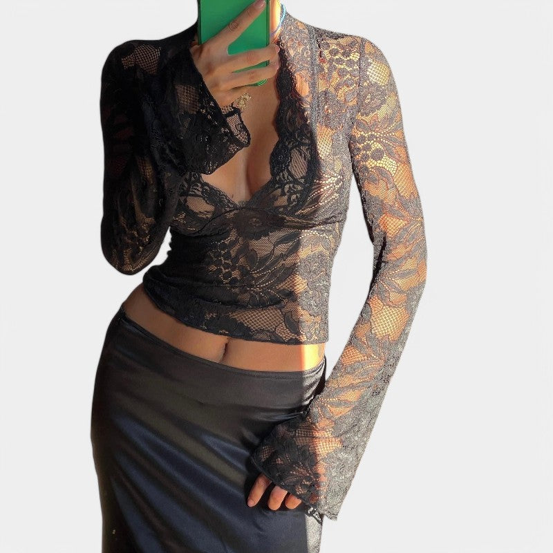 Gleame Top with Long Sleeves - Lace Shirt with Long Sleeves and V-Neck