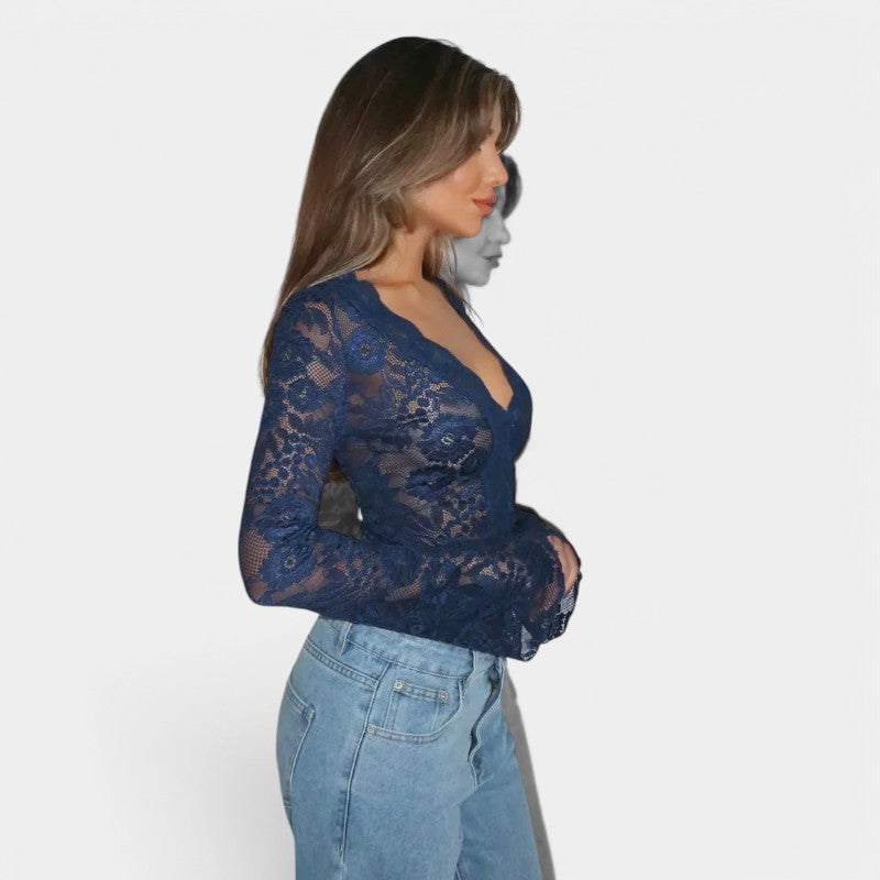 Gleame Top with Long Sleeves - Lace Shirt with Long Sleeves and V-Neck