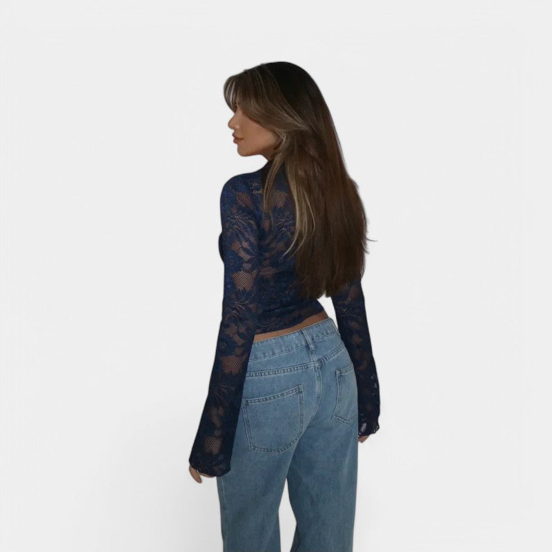 Gleame Top with Long Sleeves - Lace Shirt with Long Sleeves and V-Neck