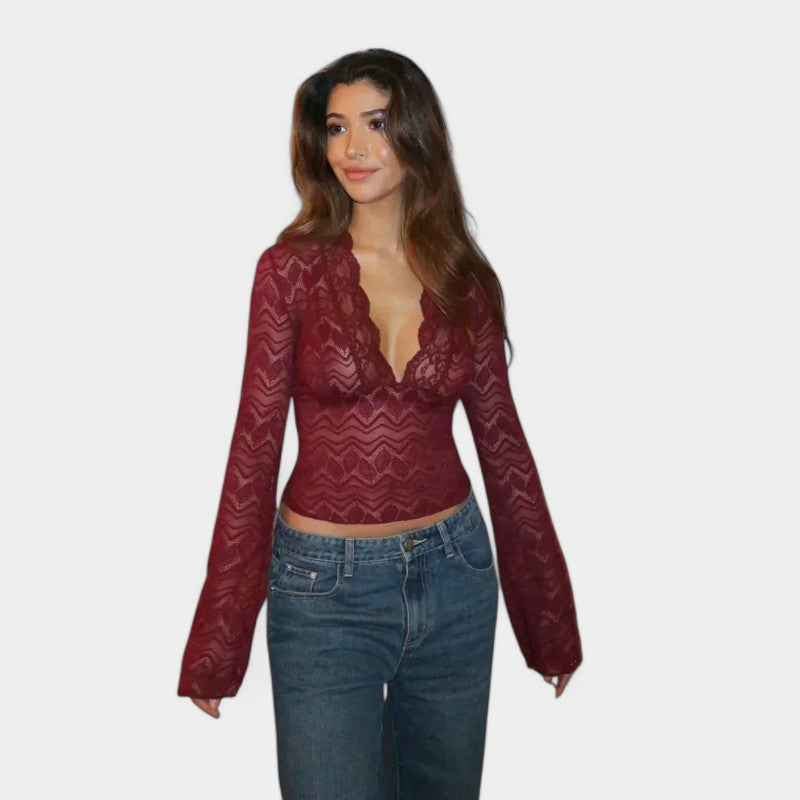 Gleame Top with Long Sleeves - Lace Shirt with Long Sleeves and V-Neck