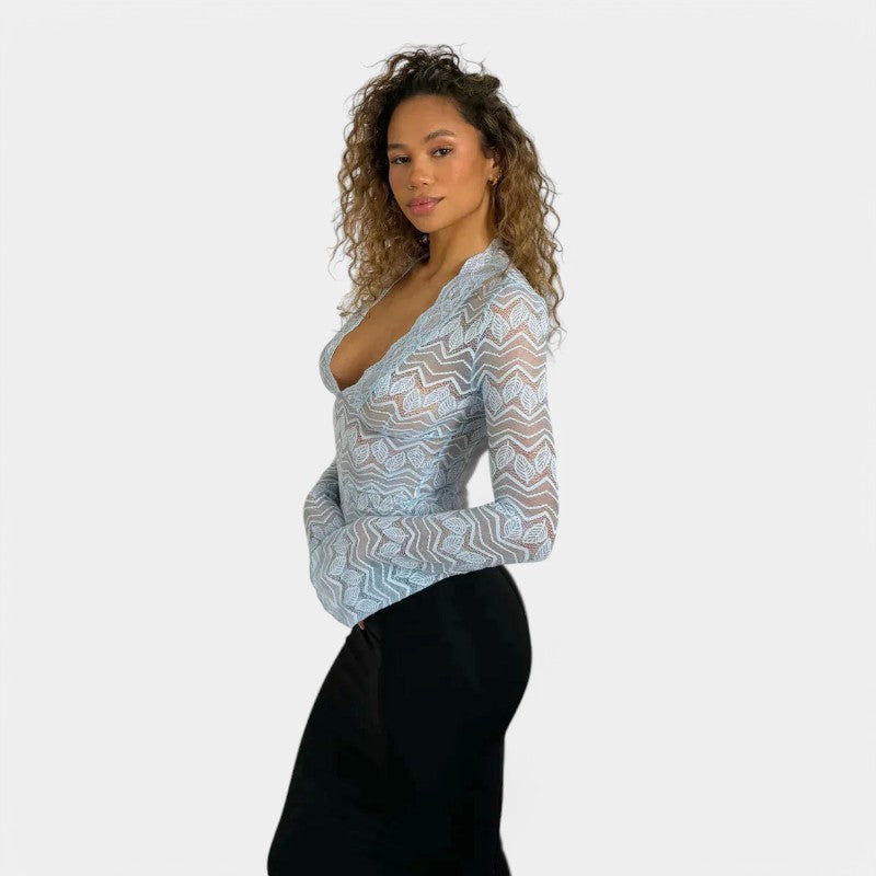 Gleame Top with Long Sleeves - Lace Shirt with Long Sleeves and V-Neck