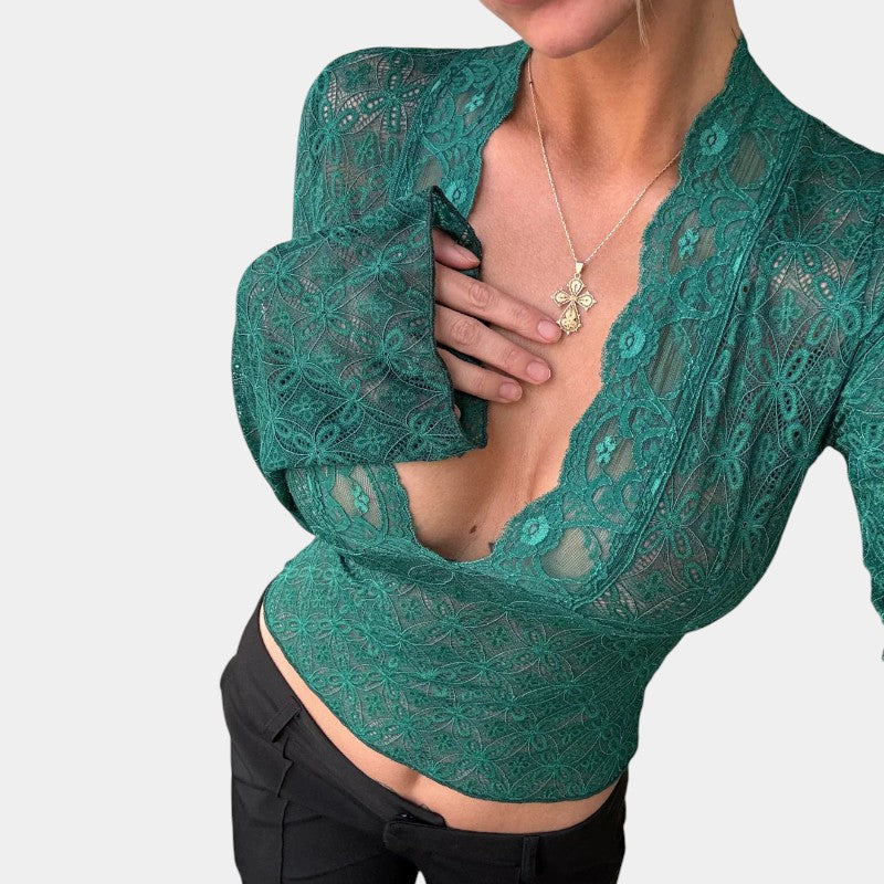 Gleame Top with Long Sleeves - Lace Shirt with Long Sleeves and V-Neck