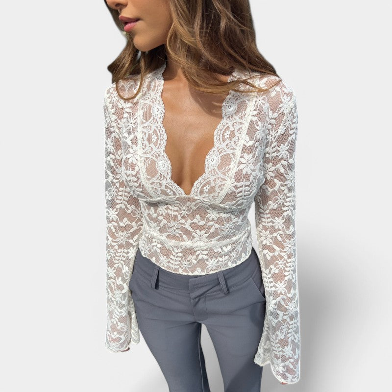 Gleame Top with Long Sleeves - Lace Shirt with Long Sleeves and V-Neck