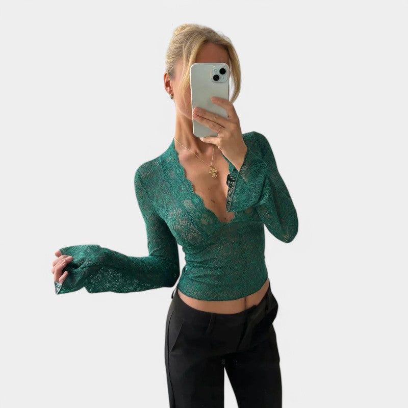 Gleame Top with Long Sleeves - Lace Shirt with Long Sleeves and V-Neck