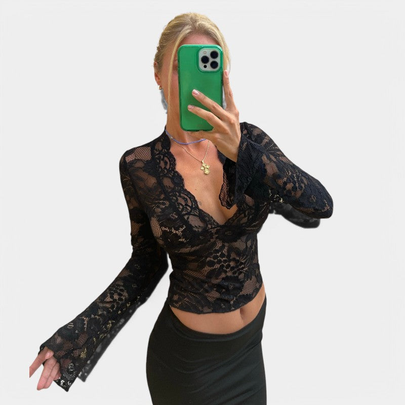 Gleame Top with Long Sleeves - Lace Shirt with Long Sleeves and V-Neck