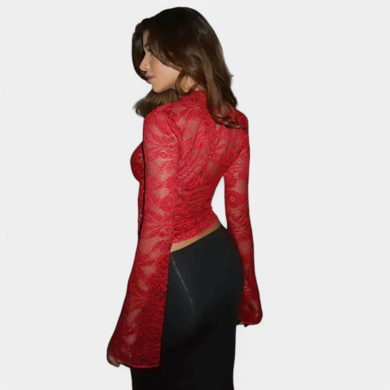 Gleame Top with Long Sleeves - Lace Shirt with Long Sleeves and V-Neck