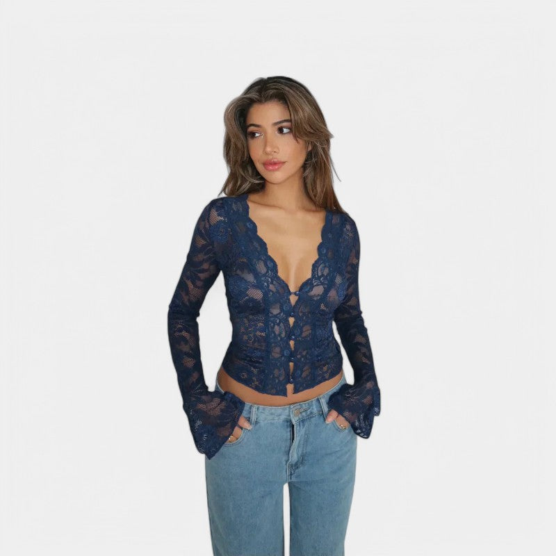 Gleame Top with Long Sleeves - Lace Shirt with Long Sleeves and V-Neck