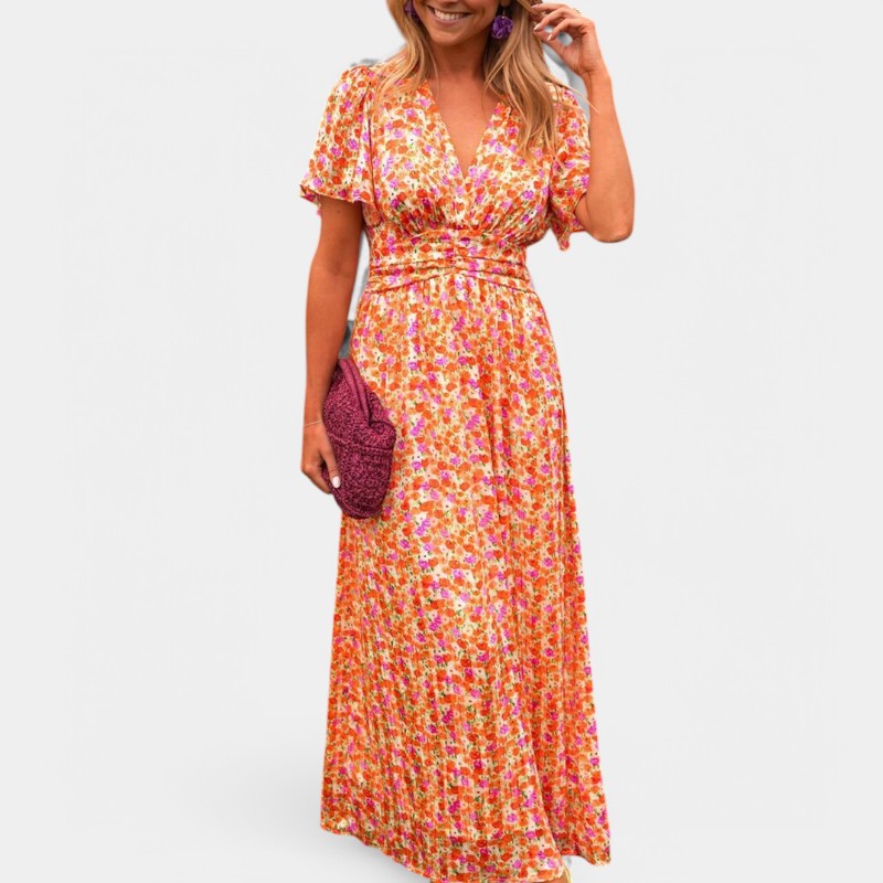 Gleame Long Dress - Maxi dress with floral print and V-neck