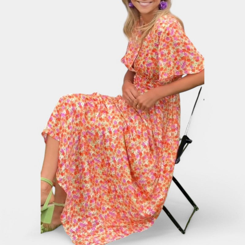 Gleame Long Dress - Maxi dress with floral print and V-neck