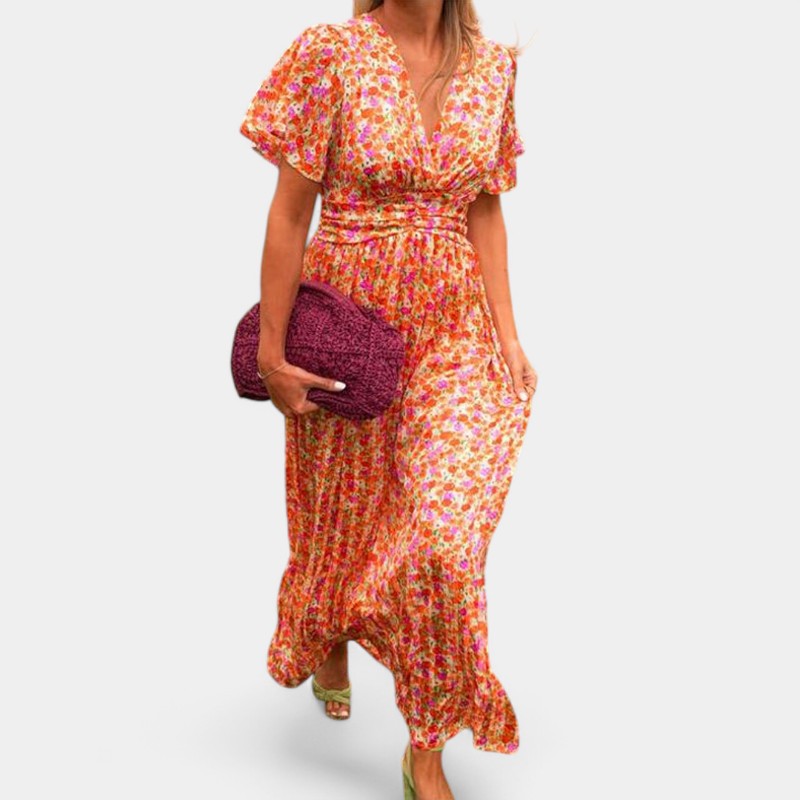 Gleame Long Dress - Maxi dress with floral print and V-neck