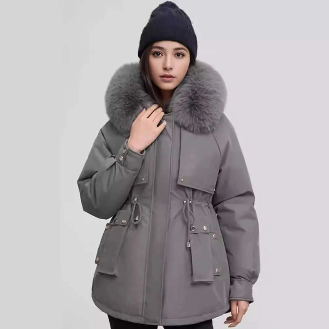 Gleame Coat - Hip-length coat with faux fur collar and cinched waist for women