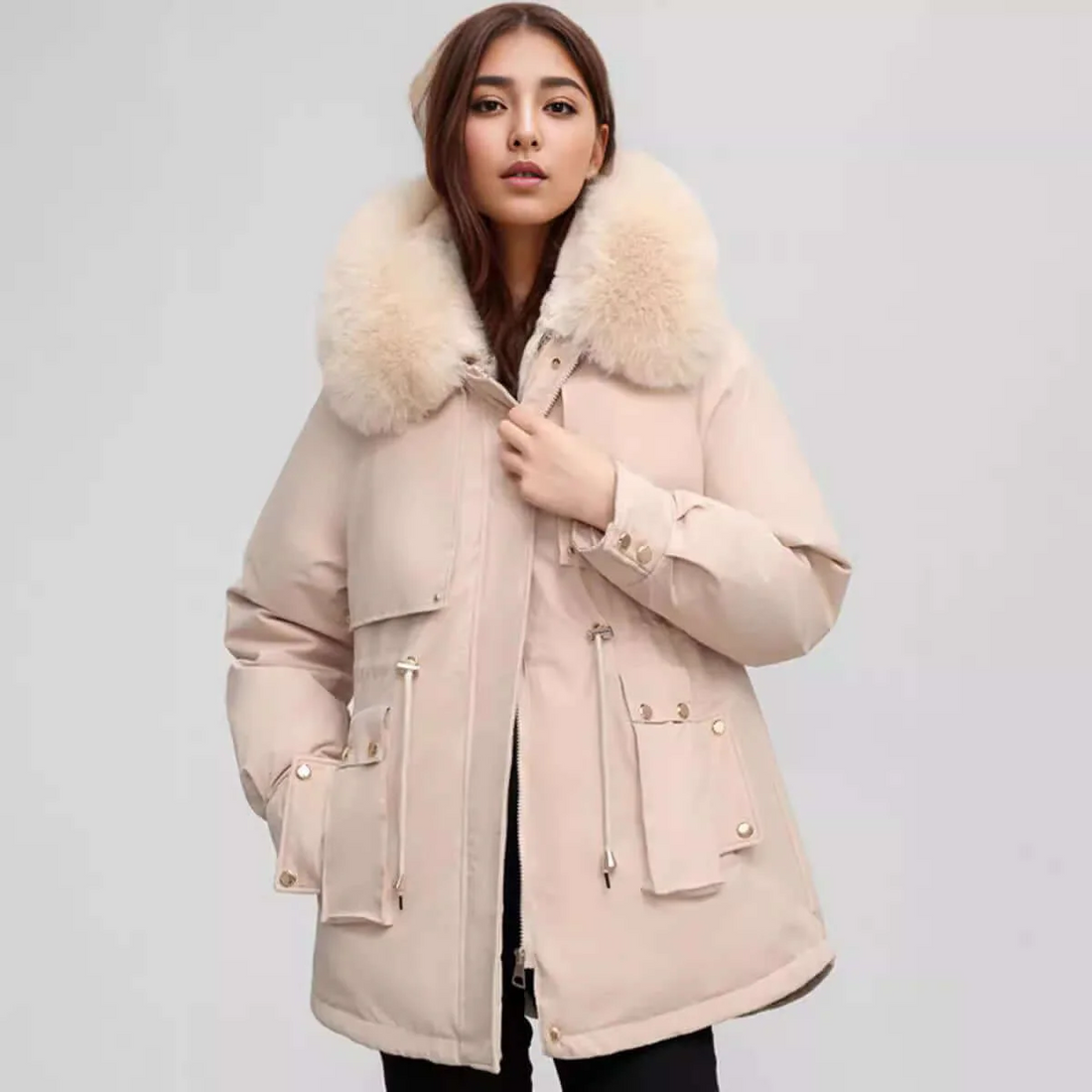 Gleame Coat - Hip-length coat with faux fur collar and cinched waist for women