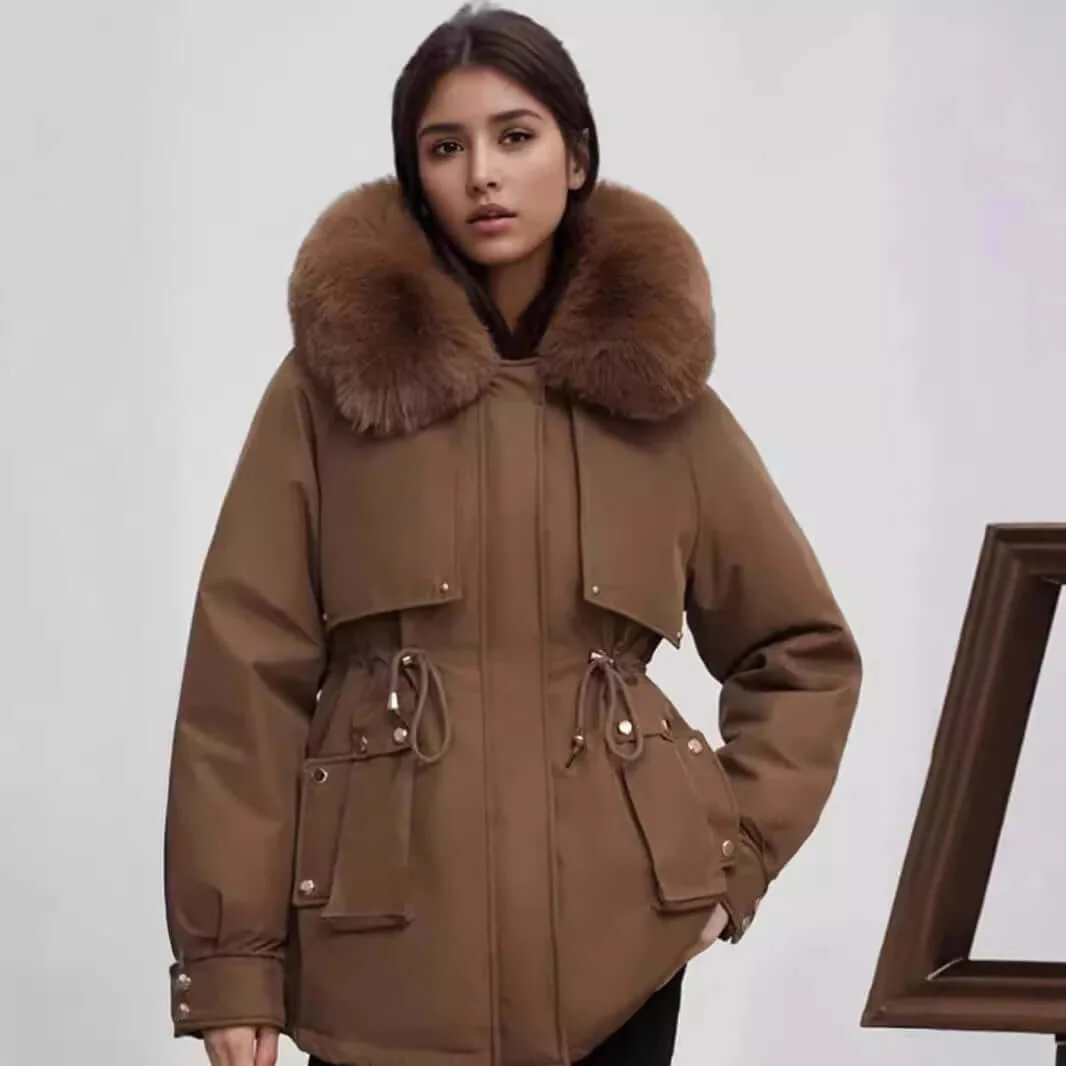 Gleame Coat - Hip-length coat with faux fur collar and cinched waist for women