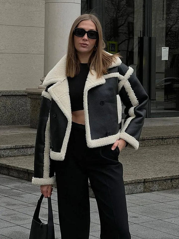 Oversized Shearling Jacket Faux Leather Women Winter Coat Borg Lining