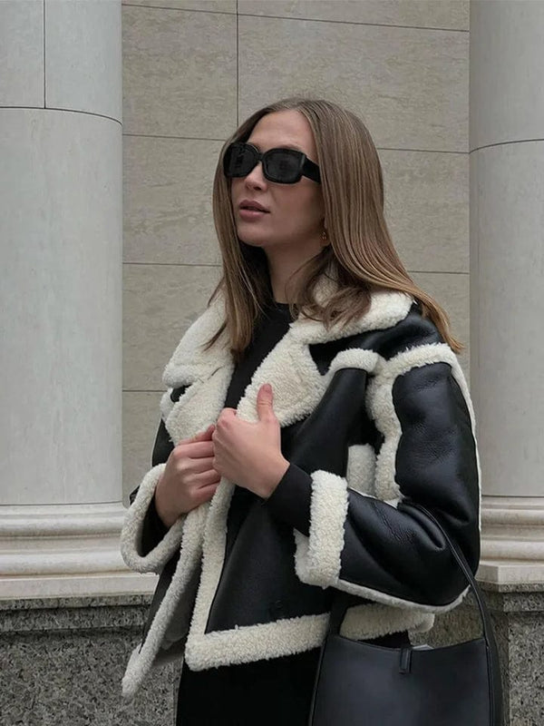 Oversized Shearling Jacket Faux Leather Women Winter Coat Borg Lining