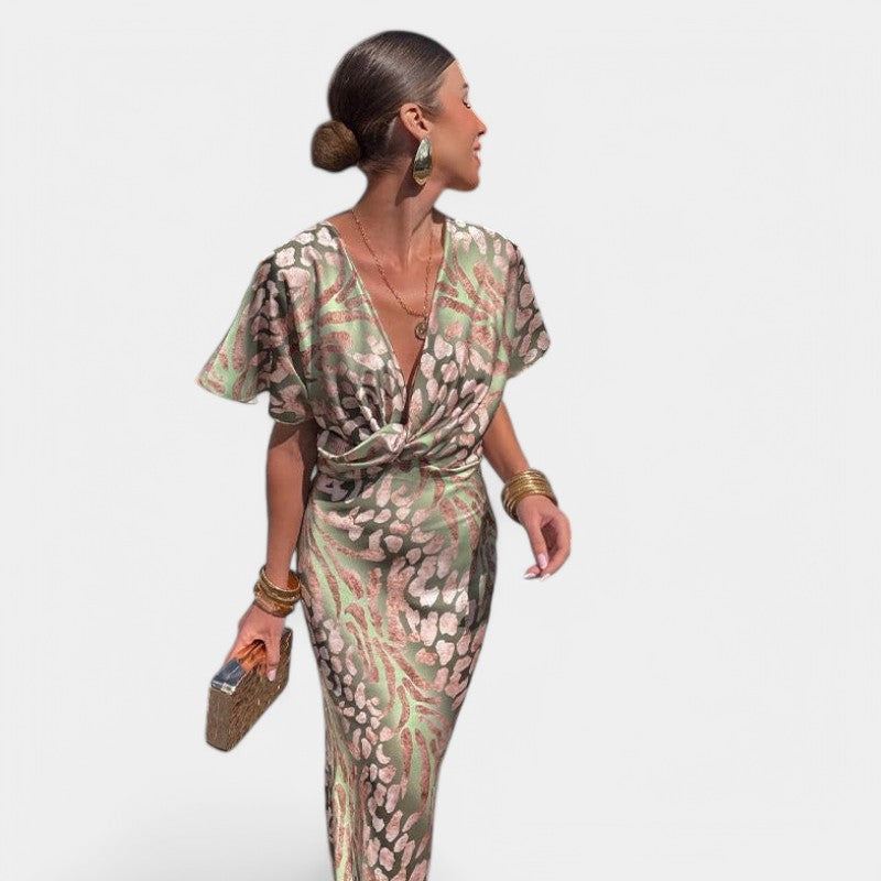 Gleame Long Dress - Maxi dress with short sleeves, V-neck and slim fit