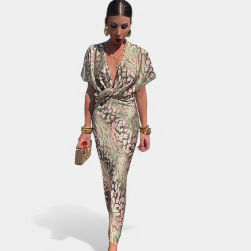 Gleame Long Dress - Maxi dress with short sleeves, V-neck and slim fit