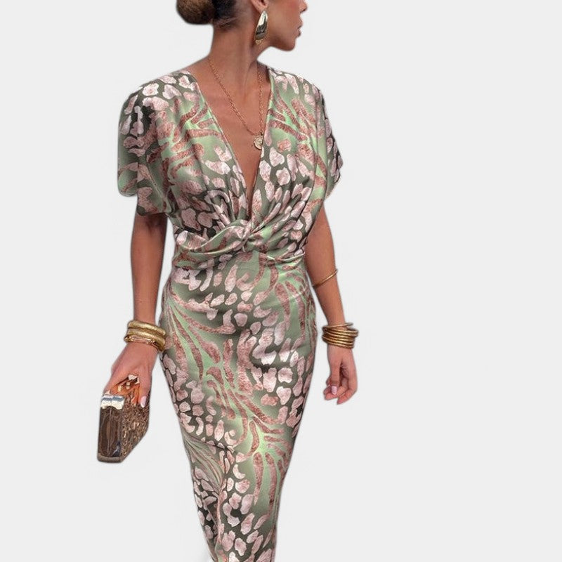 Gleame Long Dress - Maxi dress with short sleeves, V-neck and slim fit