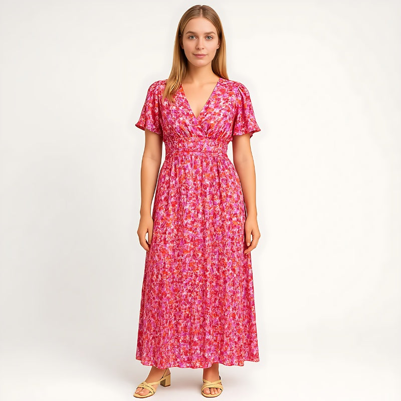 Gleame Long Dress - Maxi dress with floral print and V-neck
