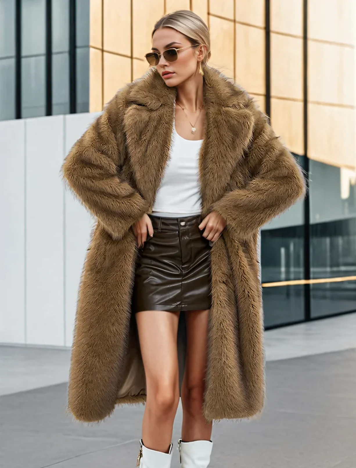 Gleame Faux Fur Coat - Full-length oversized coat with large collar for women