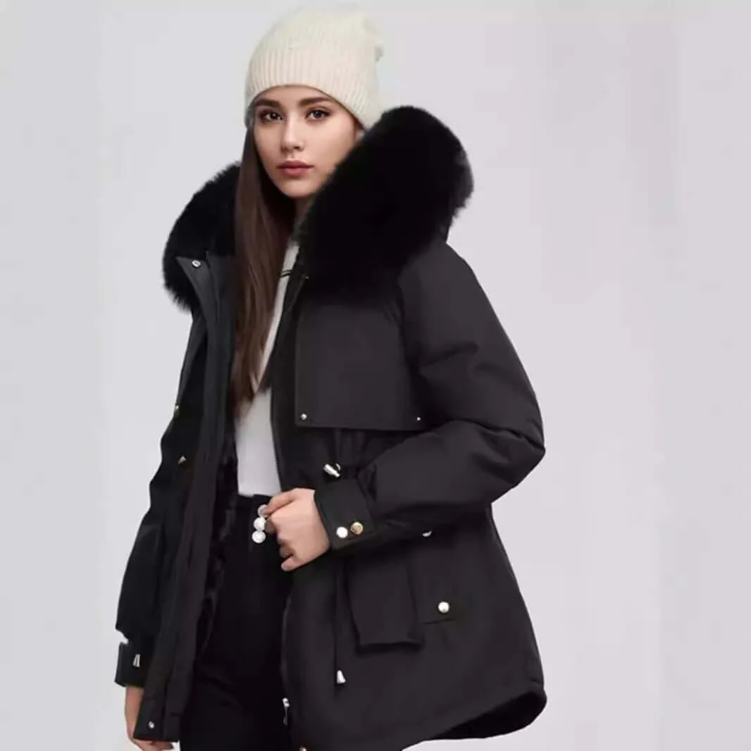 Gleame Coat - Hip-length coat with faux fur collar and cinched waist for women