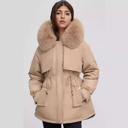 Gleame Coat - Hip-length coat with faux fur collar and cinched waist for women