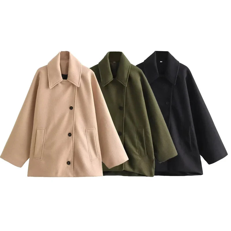 Wool Look Coat Women Boxy Fit Smart Jacket Winter Outerwear