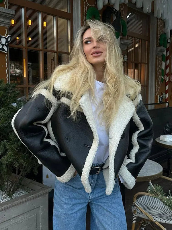 Oversized Shearling Jacket Faux Leather Women Winter Coat Borg Lining