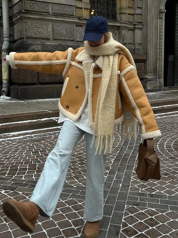 Oversized Shearling Jacket Faux Leather Women Winter Coat Borg Lining